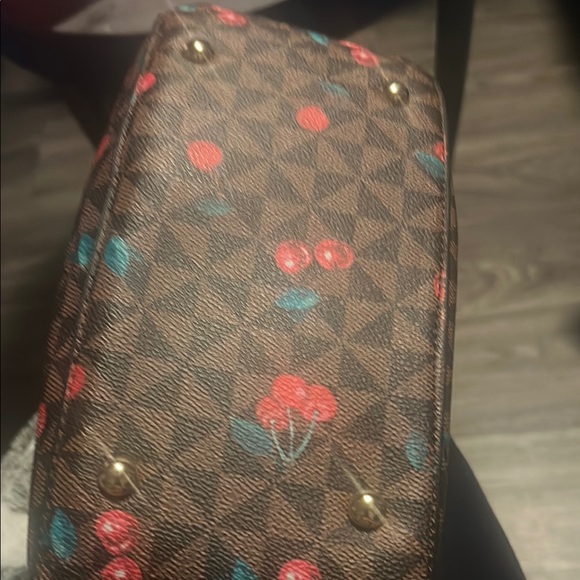 Red and Brown Patterned Shoulder Bag with Cherry Accents - Picture 5 of 5